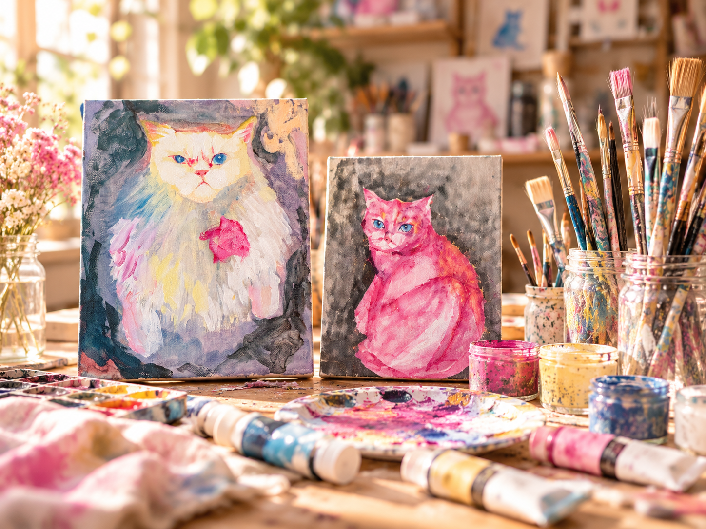 猫の絵画と絵筆、絵の具を並べたアトリエのイメージ