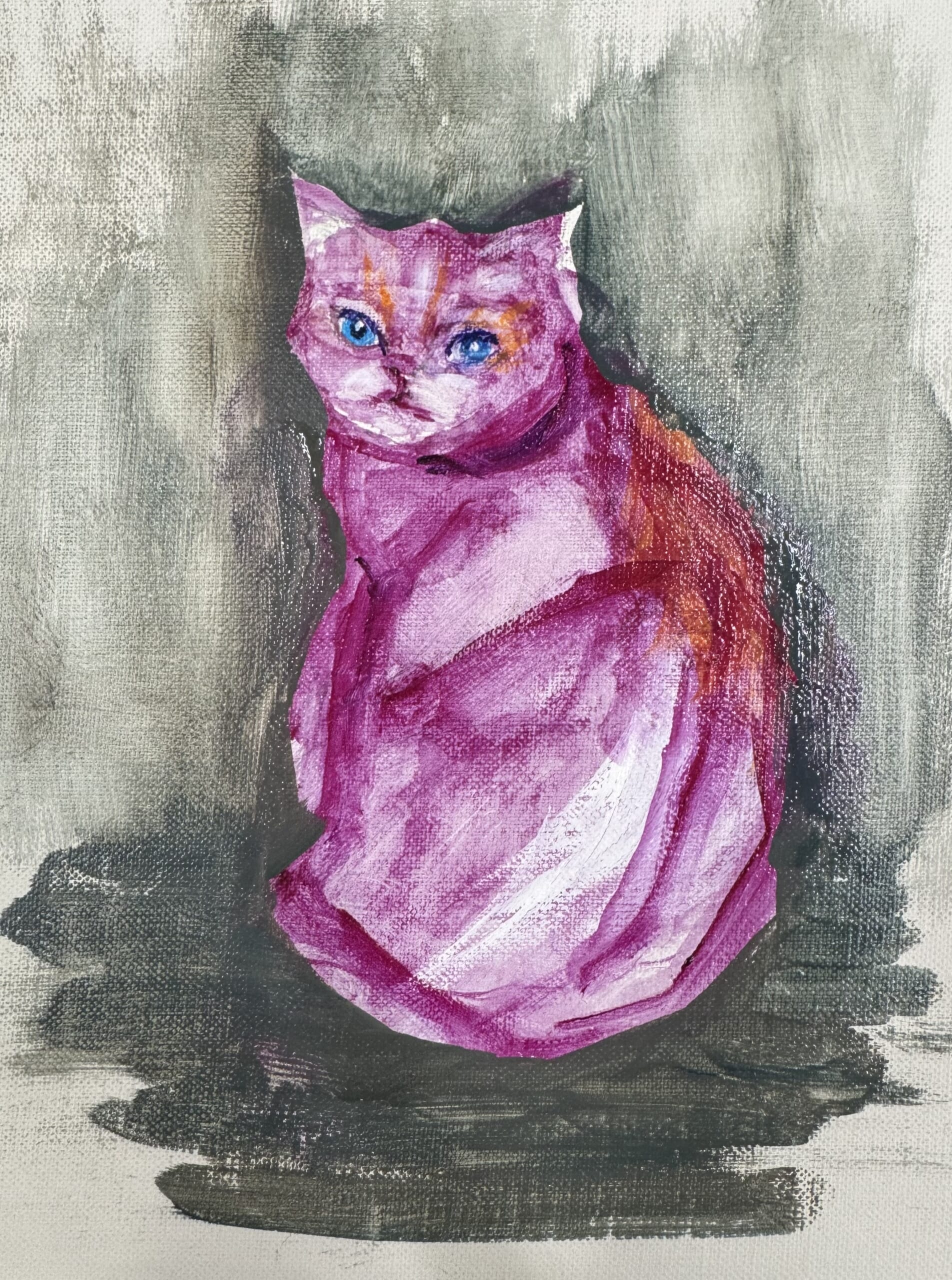青い瞳をしたピンクの猫の絵画