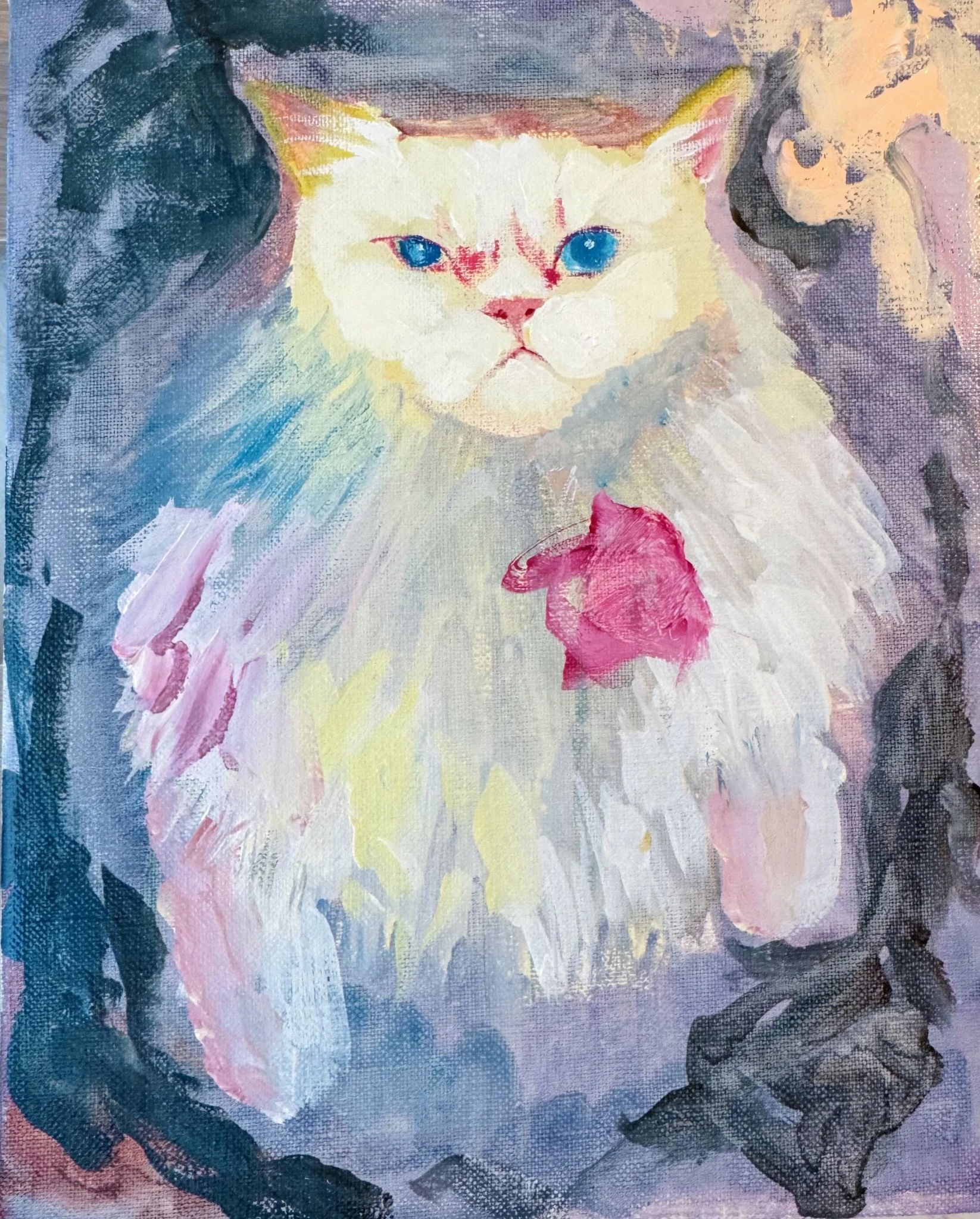 青い瞳をした白い猫の絵画